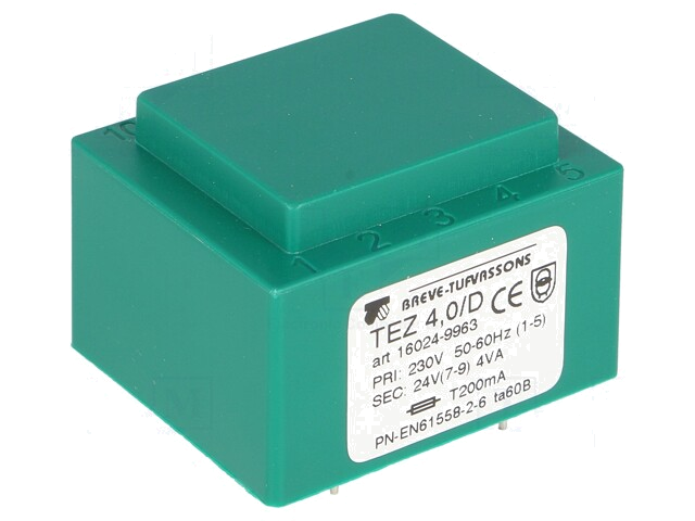 Transformator: ingegoten; 4VA; 230VAC; 24V; 166,6mA; PCB; IP00; TEZ Transformator: ingegoten; 4VA; 230VAC; 24V; 166,6mA; PCB; IP00; TEZ